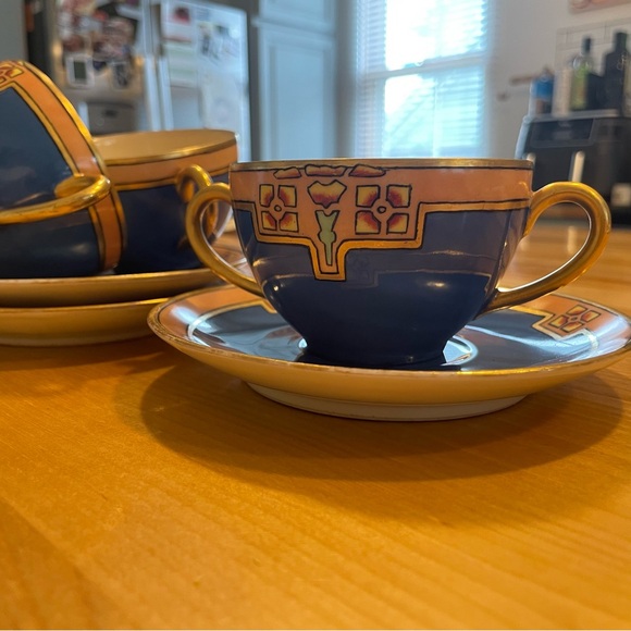 Limoges consommé bowls three, hand painted cerulean blue gold trim. - Picture 6 of 6